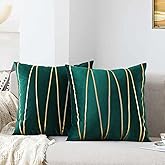 WACOMECO Soft Throw Pillow Covers - Pack of 2 Velvet Decorative Cushion Covers Cases for Sofa Bedroom Livingroom Car, 18" x 18", Dark Green and Gold