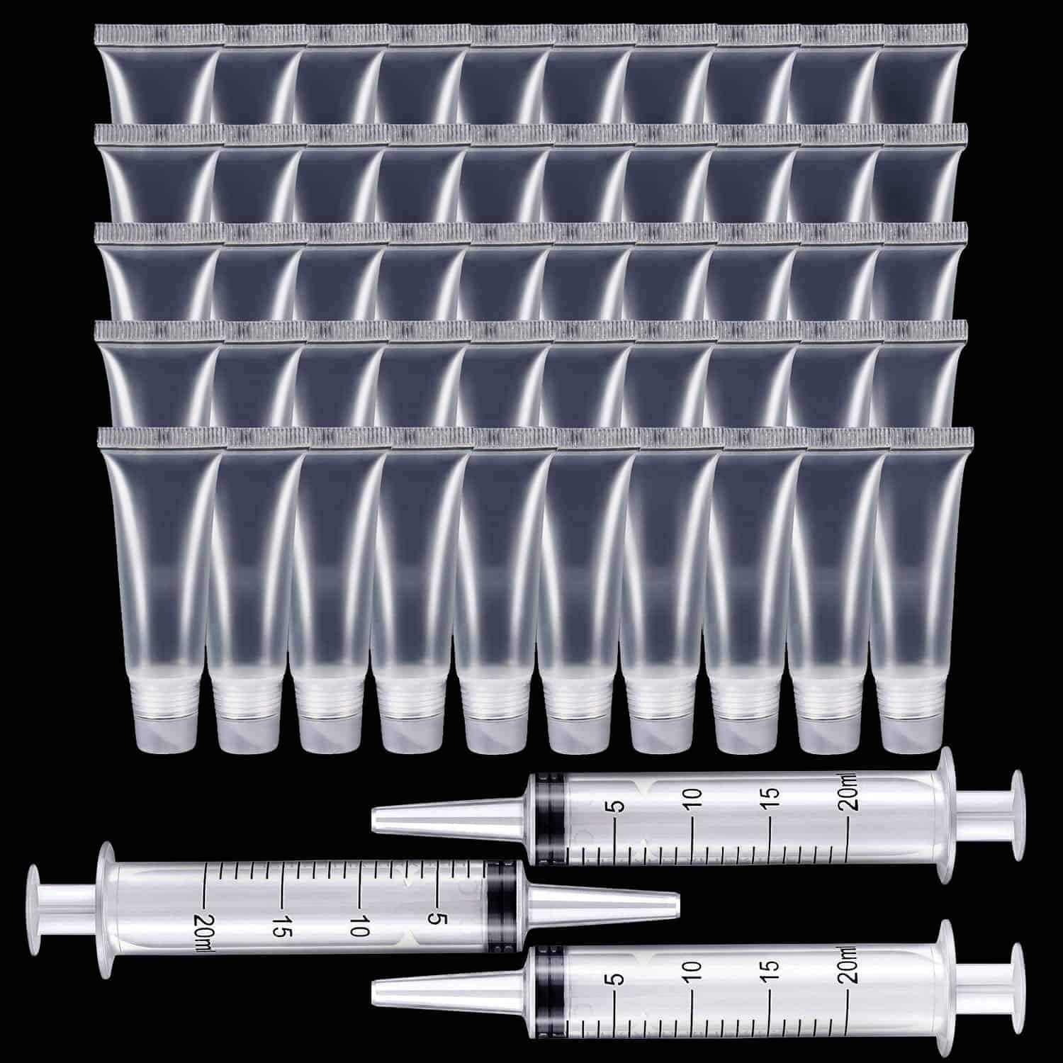 Rolybag 50 Packs Lip gloss Empty Tubes Containers(10ml),3 Packs 20ml Plastic Syringe Dispensing,For Women &Girls DIY Lip Gloss Cosmetics
