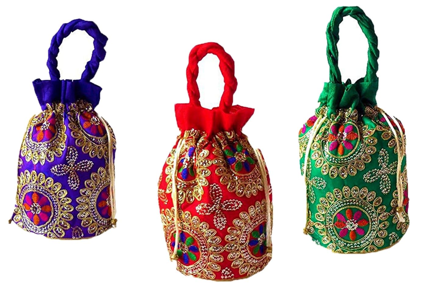 dms retail multicolored combo of 3 ethnic brocade and silk jardosh embroidered potli bag for women and girls