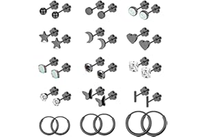 Staligue 15 Pairs Surgical Steel Earrings for Women Men Flat Back Earrings Hypoallergenic Opal Ball CZ Hoop 20 Gauge Earrings Sets for Multiple Piercing Jewelry