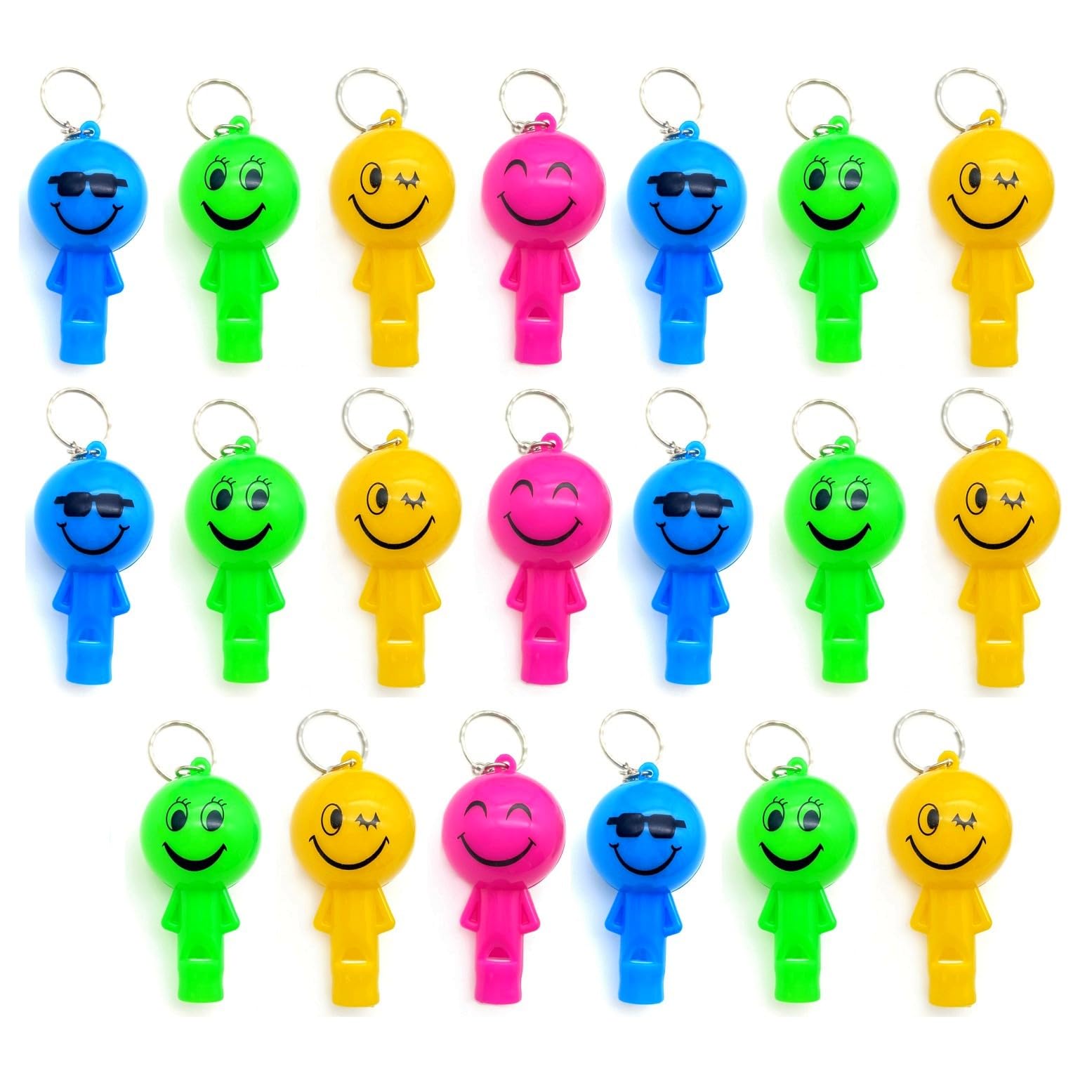 JZK 20x Emoticon Emoji LED glow whistle keyring keychain colorful light up toy for kids party bag fillers, glow in the dark fun party favours little gift for children birthday goody bags