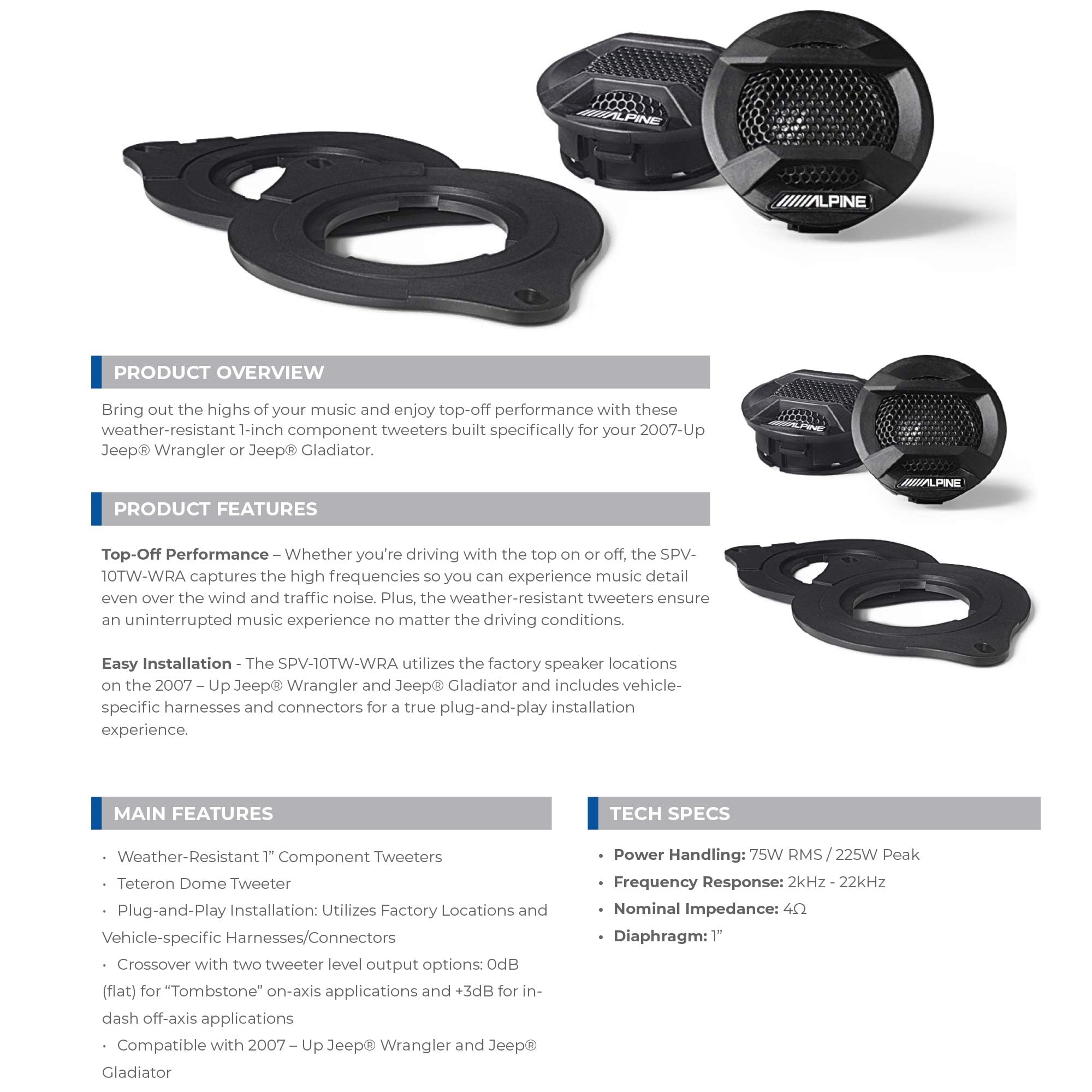 Alpine SPV-10TW-WRA Weather-Resistant 1” Component Tweeters for 2007+ Wrangler JK/JL & Gladiator JT