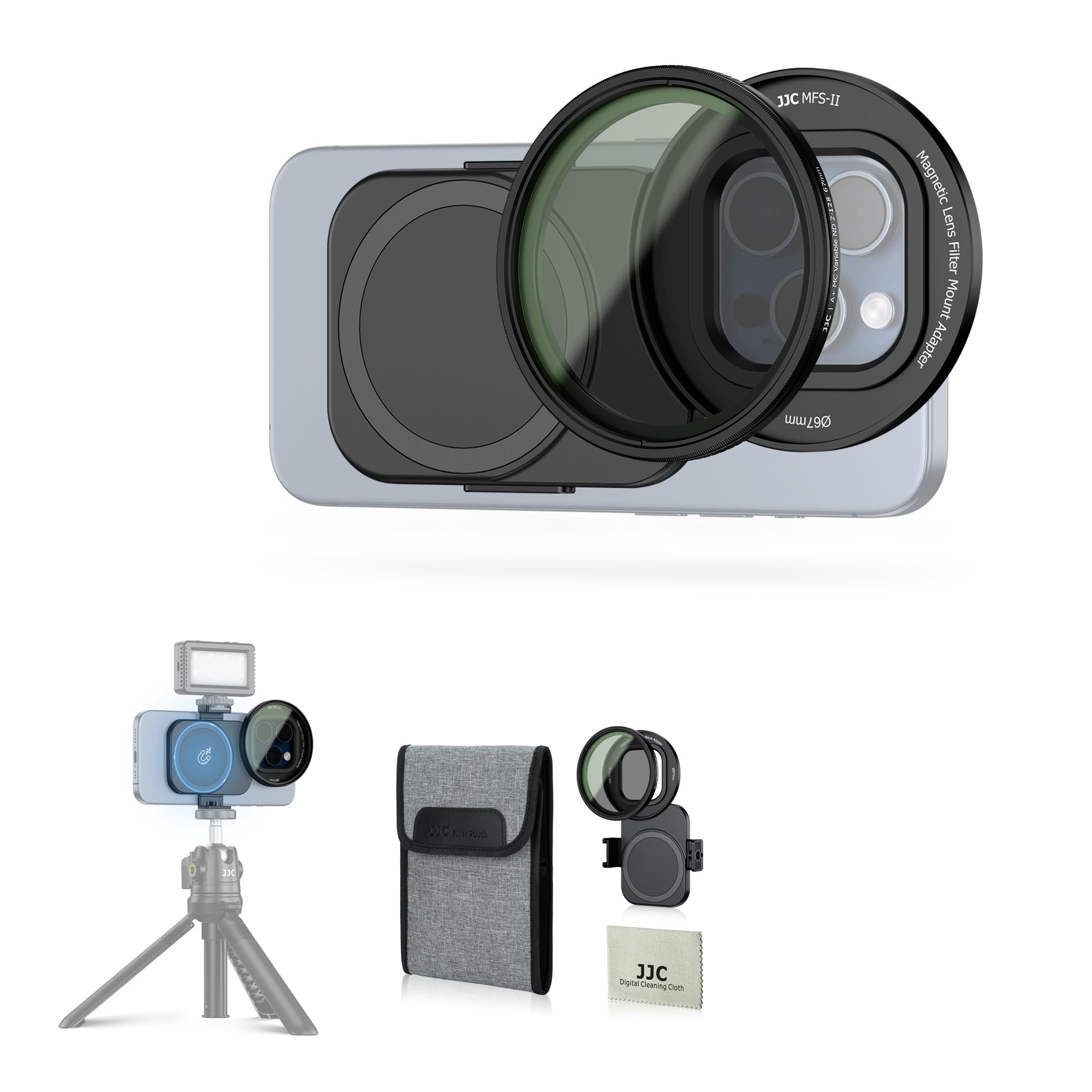 Photo 1 of JJC 67mm ND Filter for iPhone, Magnetic Lens Filter Adapter with ND2-128 Variable ND Filter Compatible with iPhone 16 15 14 Pro Max Plus with 1/4” Screw & Shoe Mount for Vlogging Video Recording