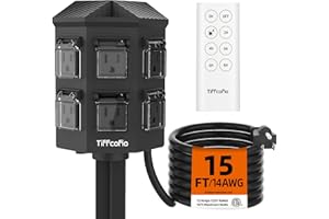 TIFFCOFIO Outdoor Power Strip with 15 FT Extension Cord, 100FT Remote Control, Dusk to Dawn Light Timer Waterproof, 6 Grounded Outlets for Yard, Pool and Garden, ETL Listed