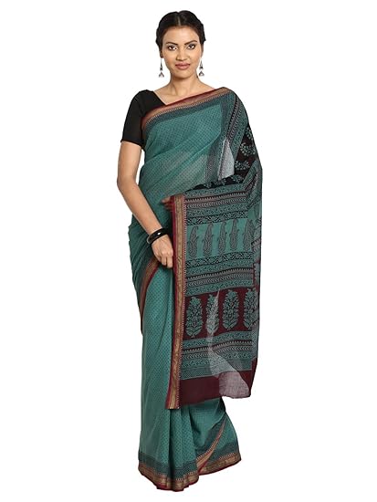 Finest Quality Cotton - Handmade Teal base Saree and Rust Booti with Zari Border - Bagh Block Print Saree with Blouse Piece