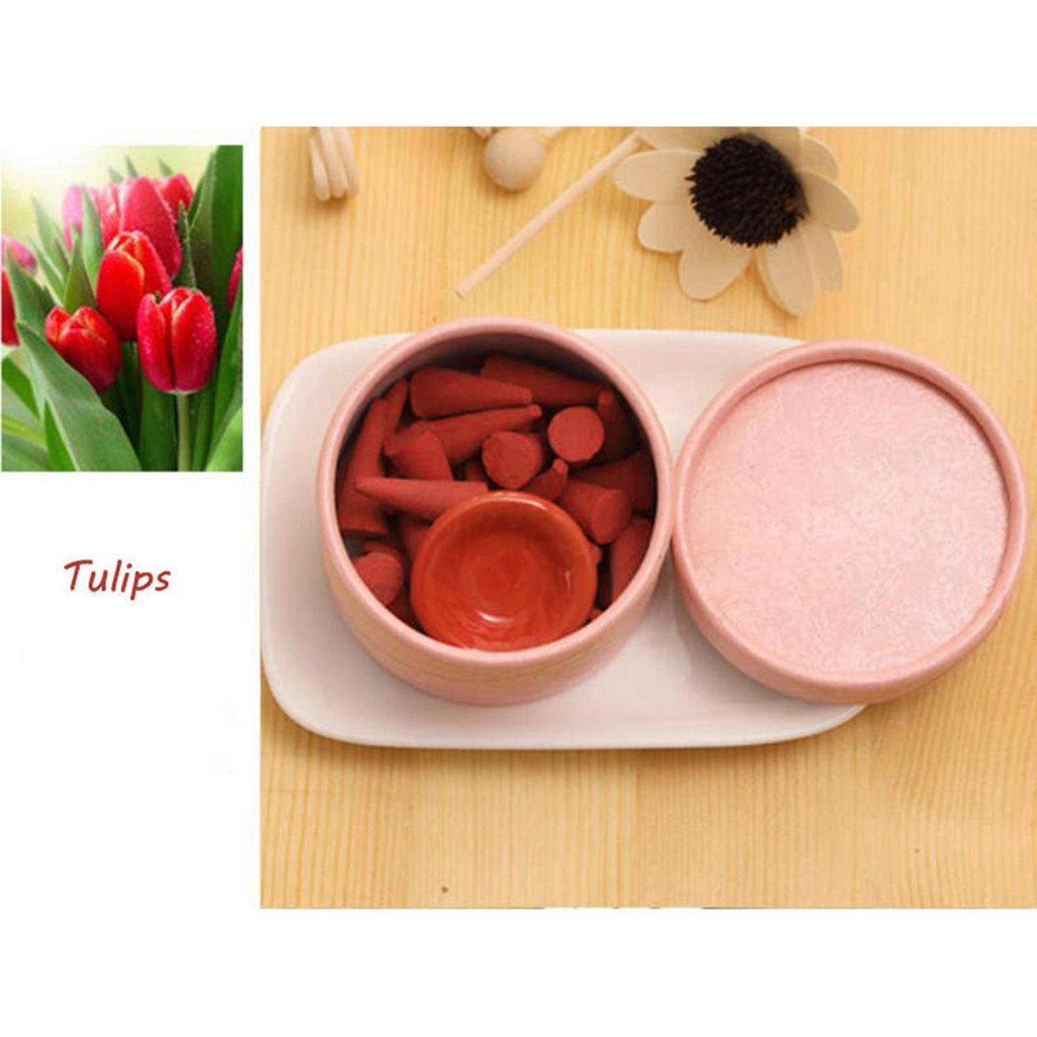 GuGio 1 Box Backflow Incense Cones for Backflow Incense Burner Holder with Spice Tray (Tulips)
