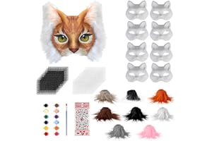 Giftota 43 Pcs DIY Therian Mask Kit for Boys Girls - 8 Blank Cat Mask with Plush Faux Fur, Eye Mesh, Paint Pot, Paint Pen, Gem Sticker - DIY Masks for Christmas Party Interaction Masquerade Cosplay