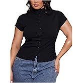 SHENHE Women's Plus Size Short Sleeve Top Ribbed Knit Button Up Tight Shirt Mock Neck Going Out Top