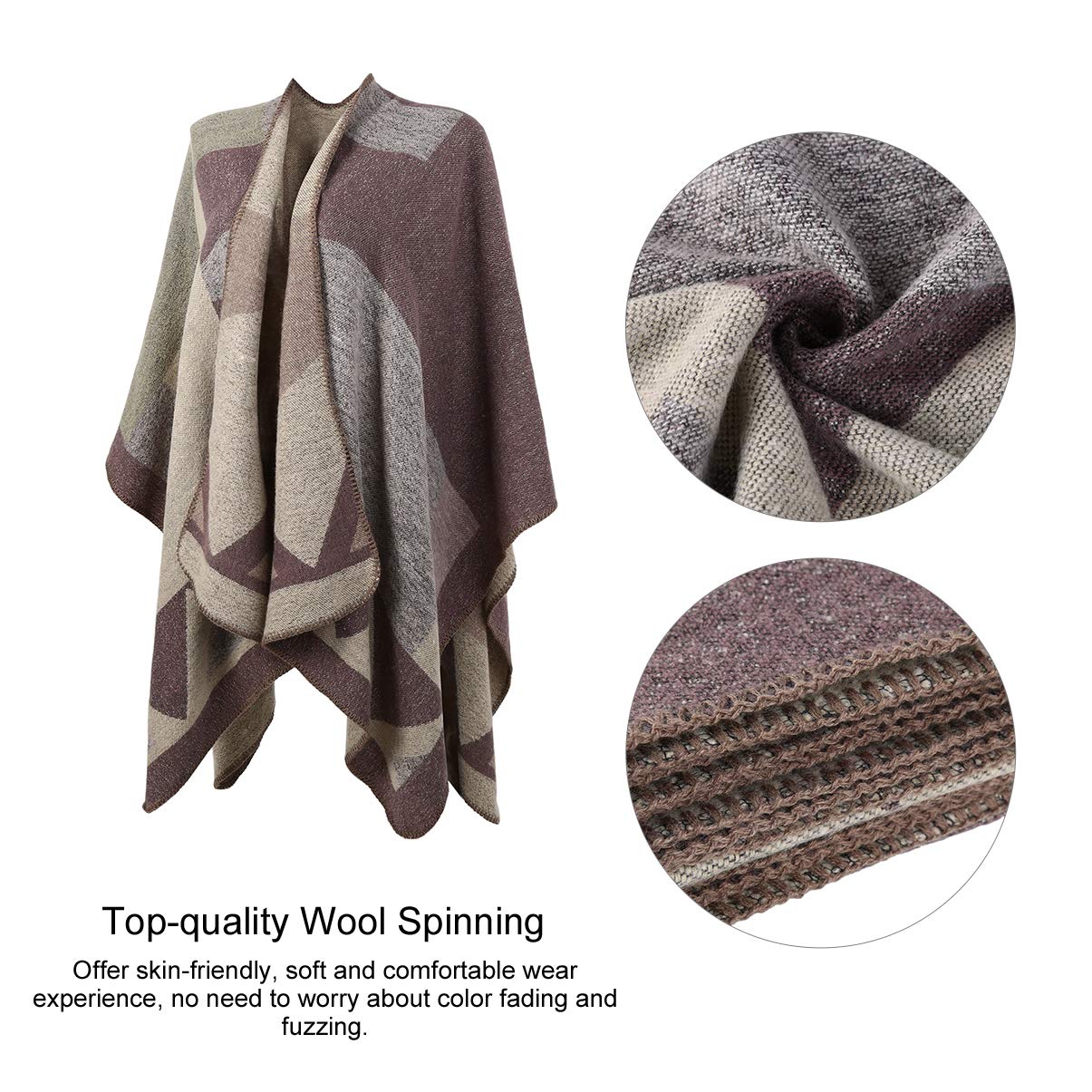Vbiger Damen Poncho Schal Wrap Farbblock Open Front Cape Übergroße Winterdecke Reversible Schal Dicke Cardigan Coat, Khaki