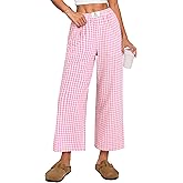 ANRABESS Women Striped Gingham Palazzo Cropped Pants Wide Leg Pajama Lounge Pants Plaid PJ Bottoms Cute Trousers with Pockets