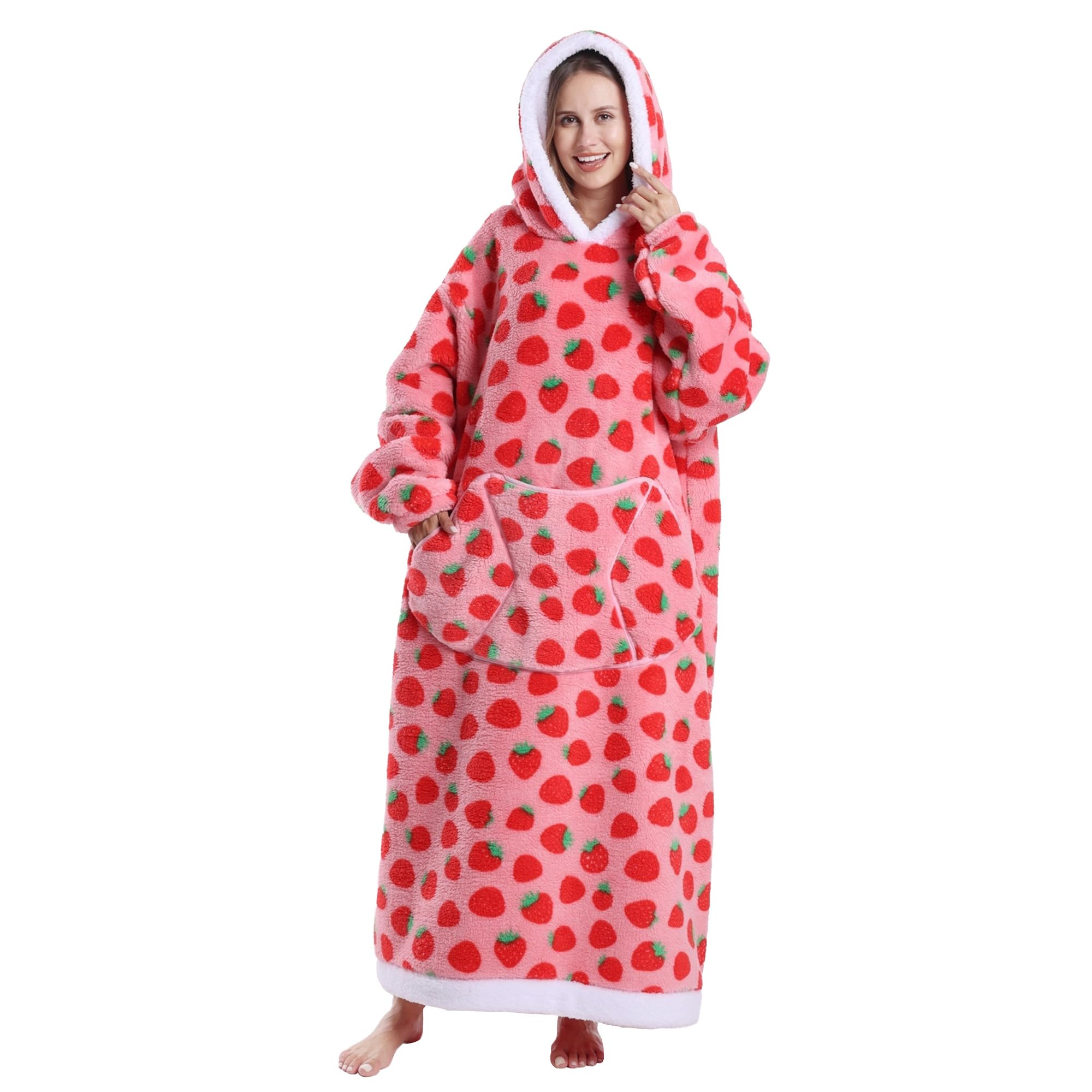 Capecage Blanket Hoodie, Long Hooded Blanket Sweatshirt as Birthday Gifts for Women Men, Long Wearable Blanket for Women Men. (Strawberry2) Image
