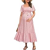 Maternity Dress for Baby Shower - 2025 Fall Spring Photoshoot Smocked Square Neck Pregnancy Wedding Guest Midi Dress