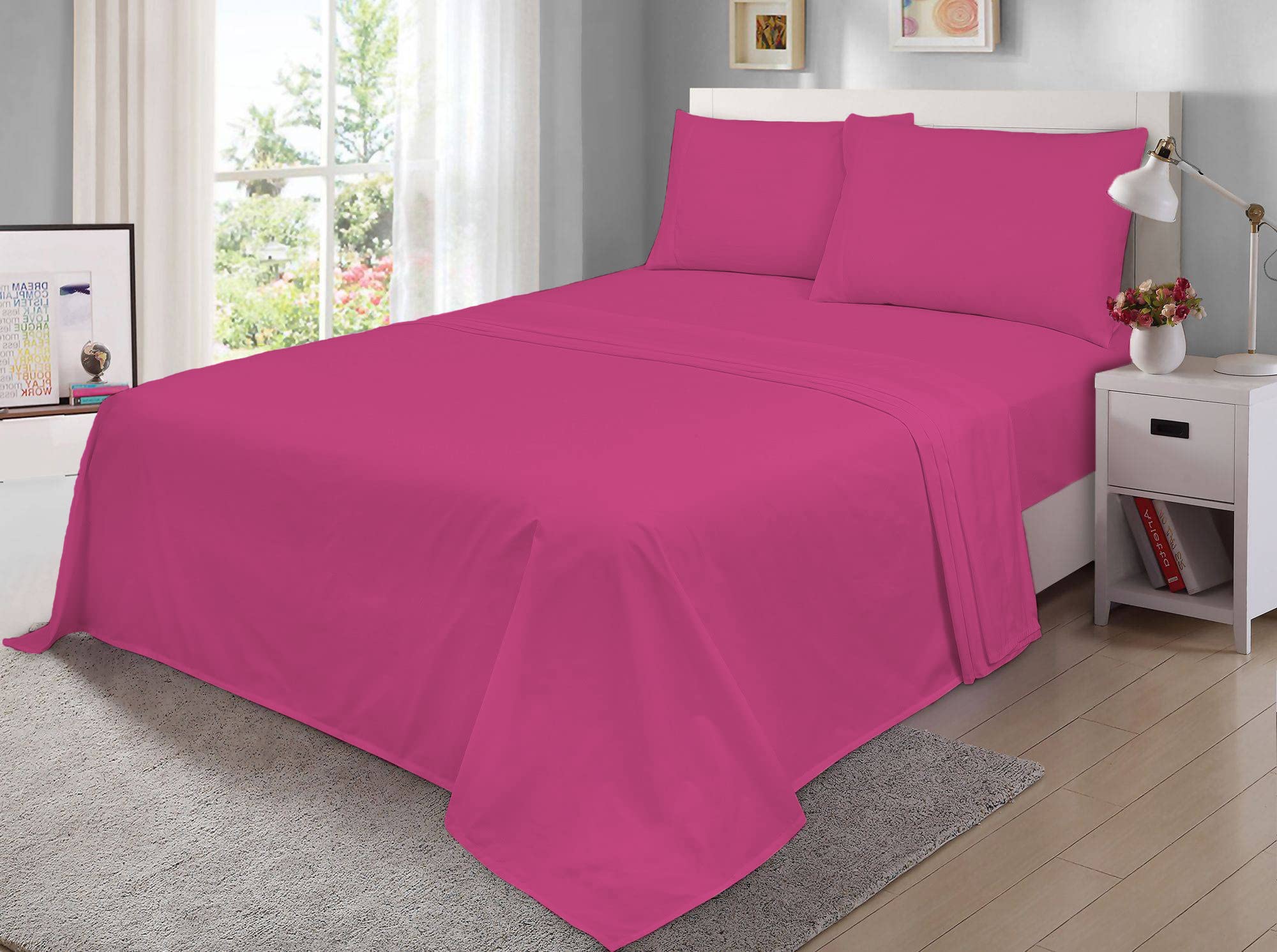 100% Egyptian Cotton Flat Sheet 200 Thread Count Hotel Quality Soft & Crisp Cotton Caravan Campervan Bed Flat Sheet (Fuchsia, Super King)