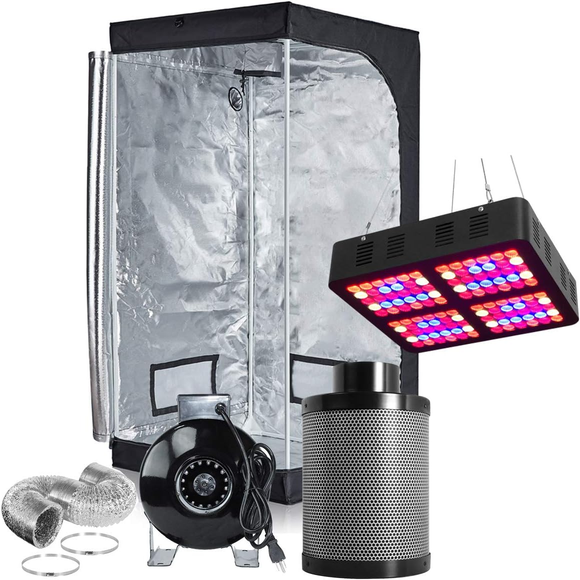 Hongruilite 600W Full Spectrum LED Grow Light + 32''x32''x63'' Grow Tent + 4" Inline Fan Carbon Air Filter Ducting Combo for Hydroponic Indoor Plant Growing System (600W LED+32''x32''x63''Grow Tent+4'