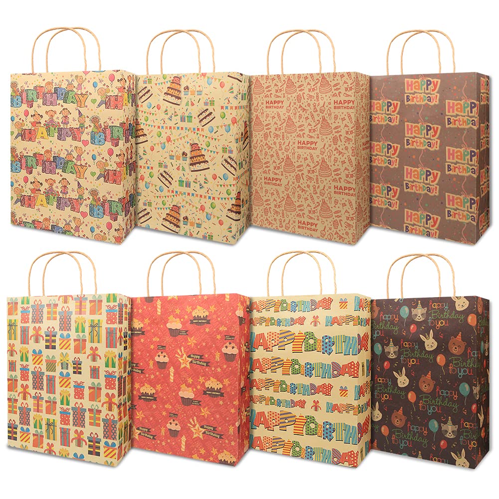 Geluode Birthday Gift Bags Medium with Handles, 8 Kraft Paper Vintage Vibe Gift Bags Multipack, 25x10x32cm 150GSM Thickened Colorful Paper Bags for All Birthday Occasions