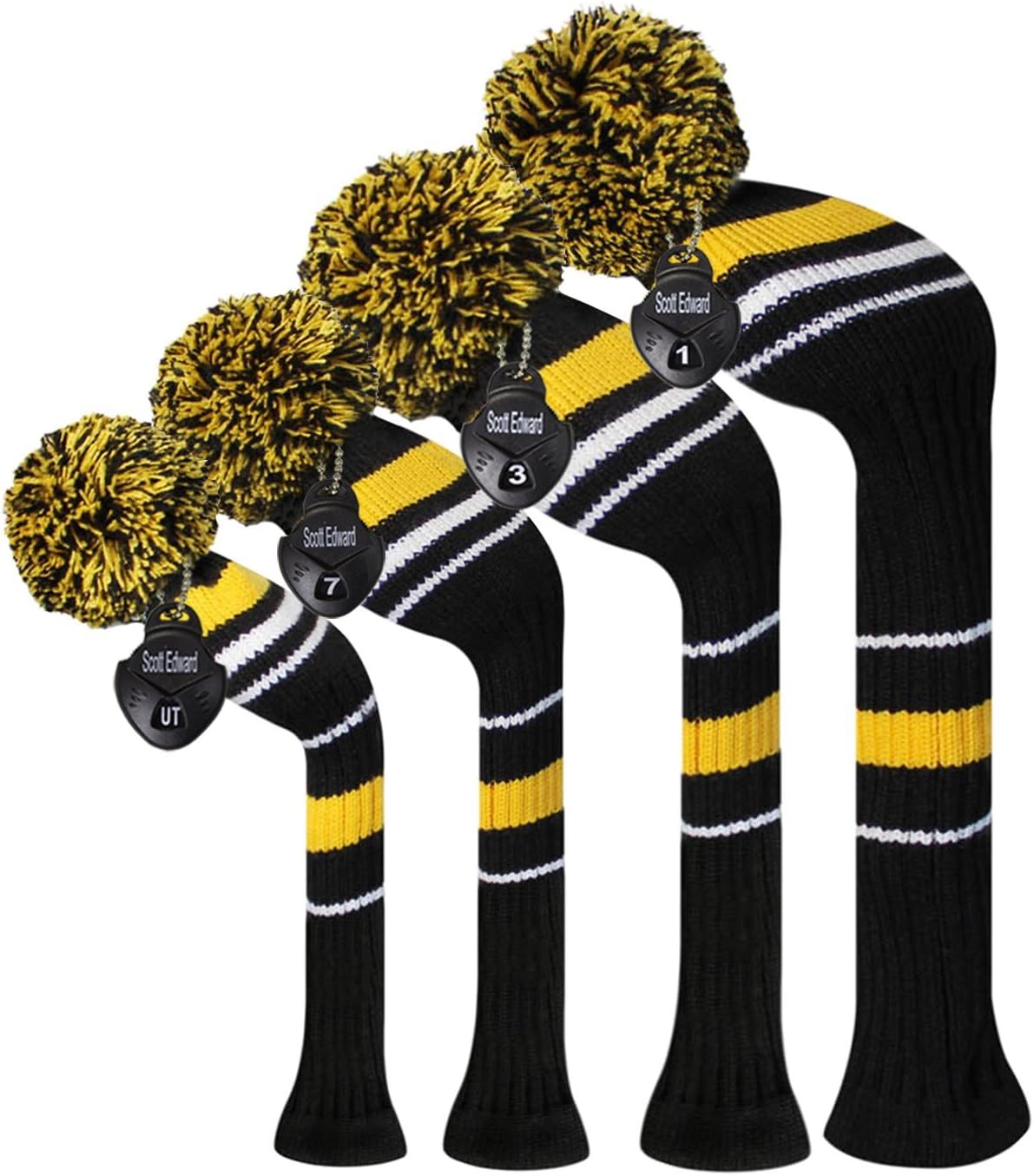 Scott Edward Knit Golf Headcovers for Wood 4 PCS Packed,Fit Driver Wood, Fairway Wood and Hybrid/UT, Long Neck,Big Pom Pom, for Men/Women (Yellow Warning Stripes)