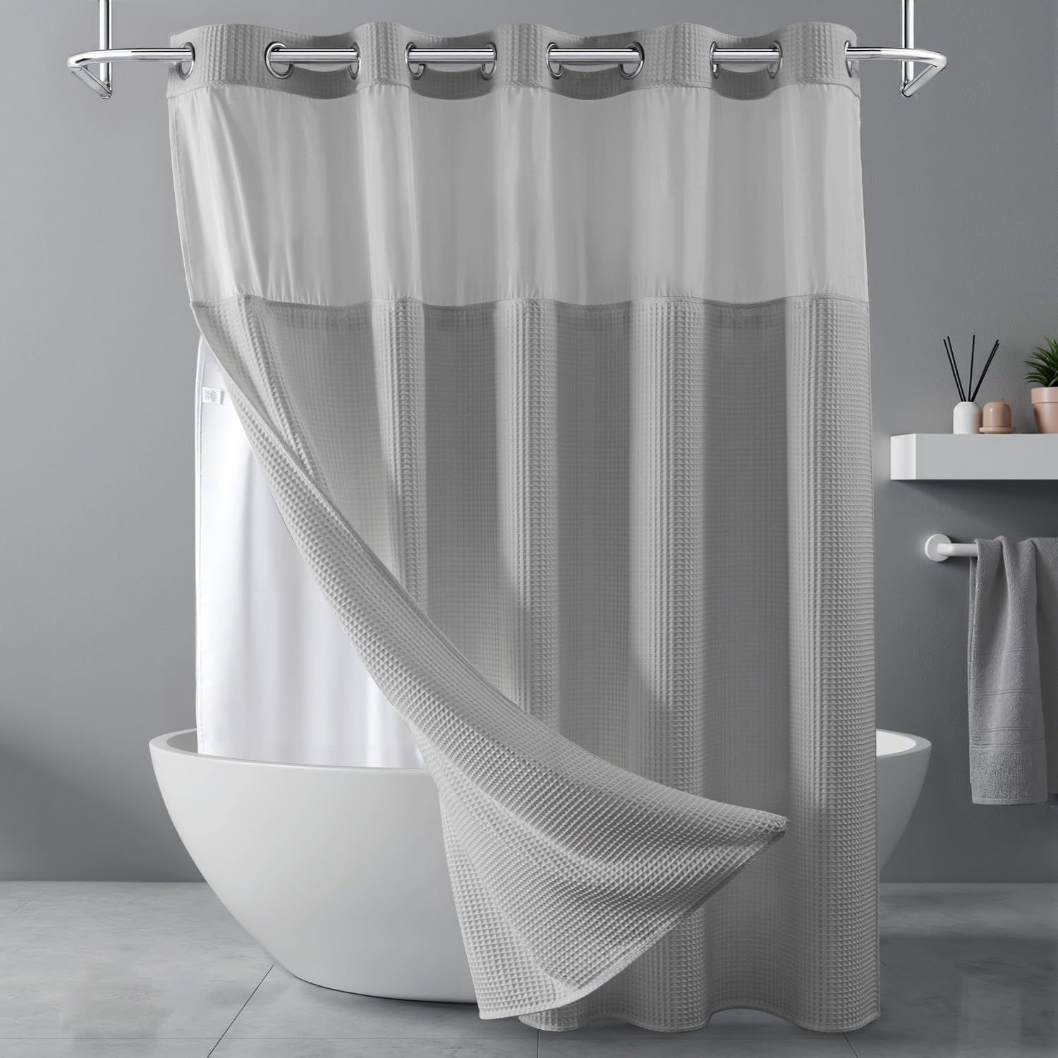 Photo 1 of **MINOR DAMAGE**
River Dream Gray Fabric Shower Curtain Set, Cotton Blend, Waffle Weave, with Snap in Replacement Liner?71 x 74 inches