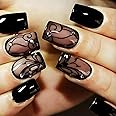 Curve Line Press on Nails Glossy Black Ins Medium Square False Nails Dark Vine Gel Glue on Nails, Rhinestones Acrylic Fake Nails Crystal Stick on Nails for Manicure Art Coquette Women Girls 24Pcs