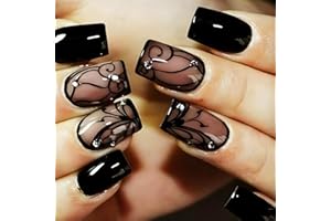 AROVFAM Black Curve Line Press on Nails with Dark Vine Design, Glossy Black Ins Medium Square False Nails Gel Glue on Nails, Rhinestones Manicure Art Acrylic Fake Nails Stick on Nails for Women Girls 24Pcs