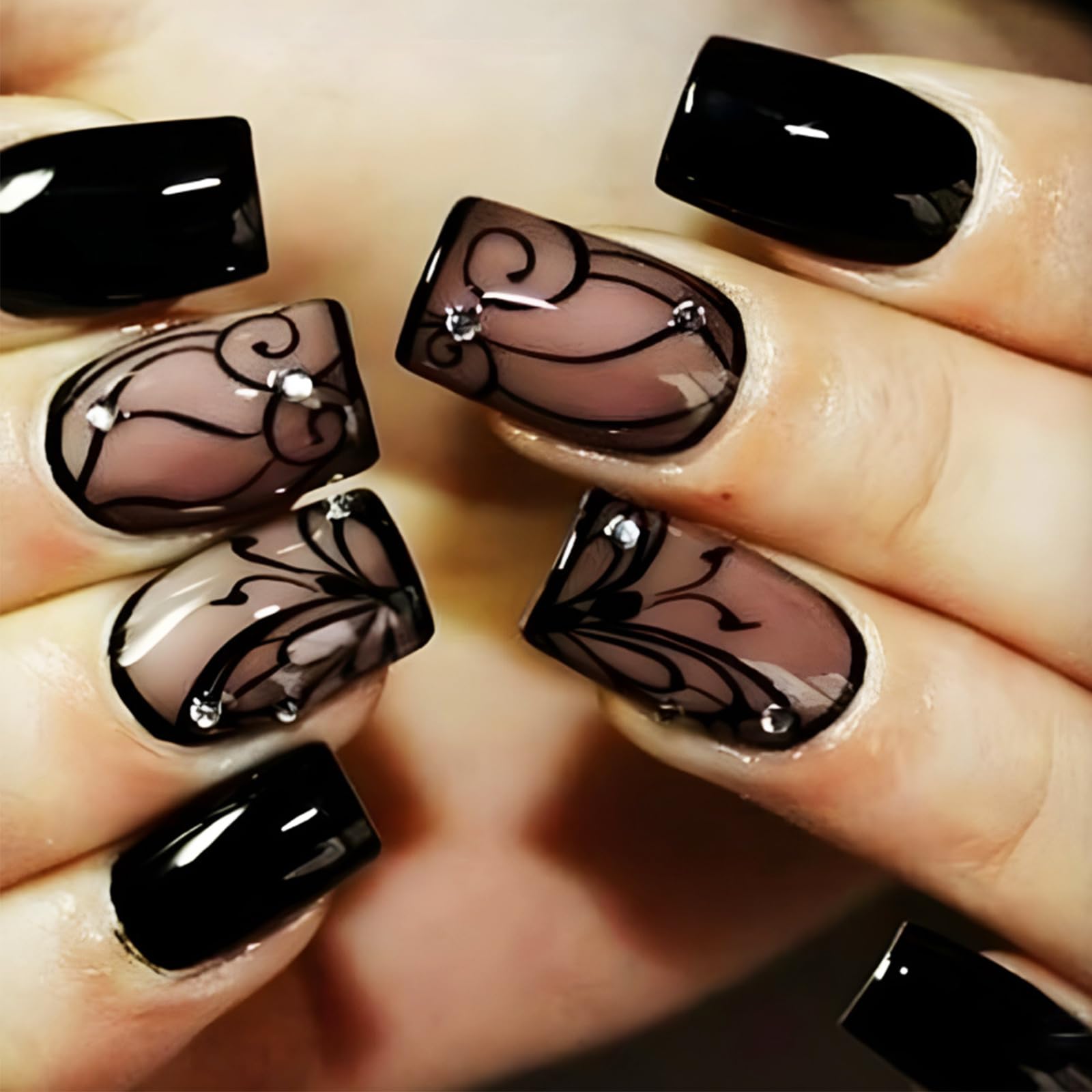 Photo 1 of Black Press on Nails with Dark Vine Design, Glossy Ins Medium Square False Nails Rhinestones Acrylic Fake Fingernails Curve Line Stick on Nail Crystal Gel Glue on Nail for Women Girls 24Pcs
