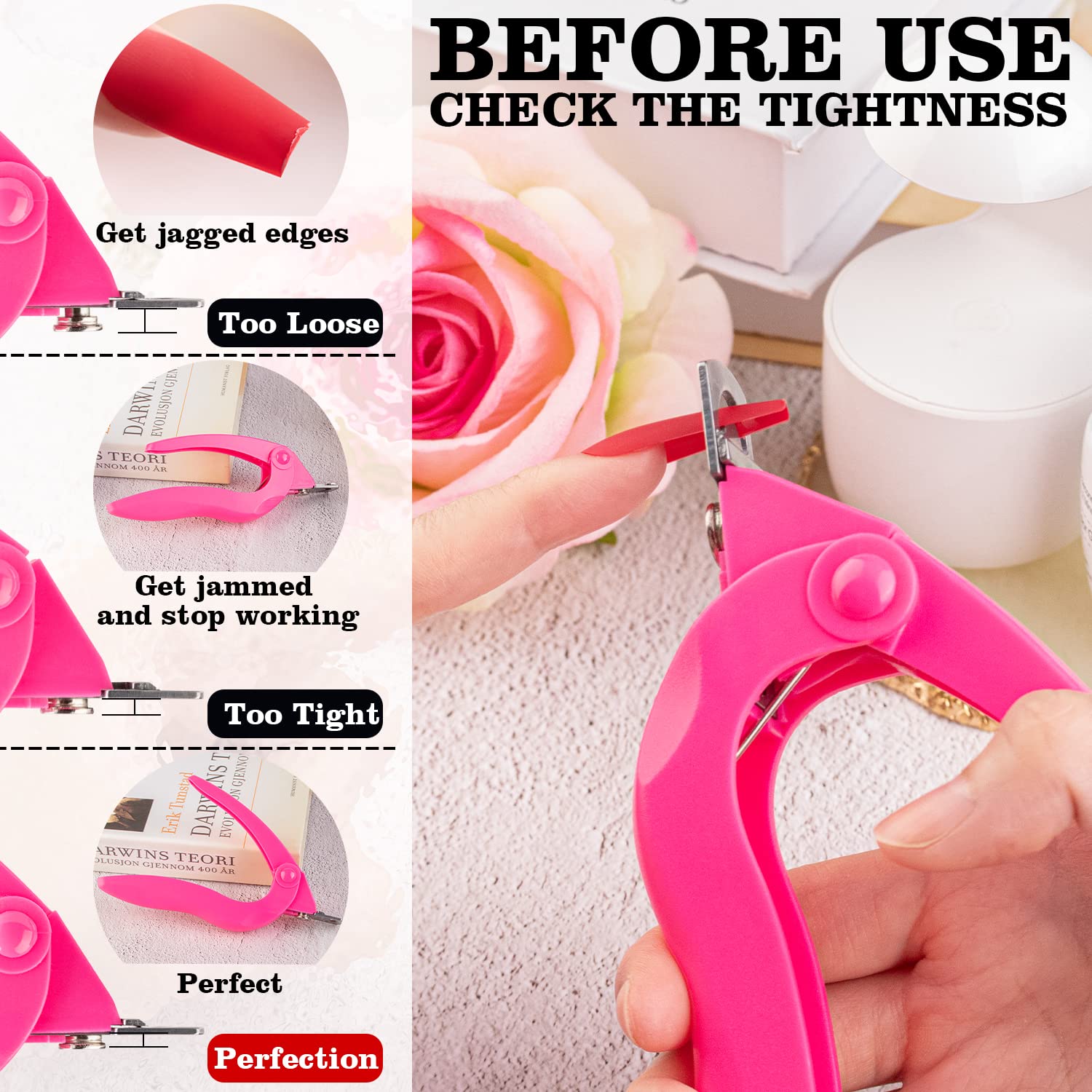 Belleboost Adjustable Acrylic Nail Clippers with Sizer and Catcher, Hot Pink Professional Dial Stainless Steel Blade Nail Tips Cutter, Artificial Fake Nail Trimmer, Manicure Tool for Salon Home - Image 4