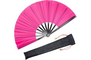 OMyTea Large Rave Folding Hand Fan for Men/Women - Chinese Japanese Kung Fu Tai Chi Handheld Fan with Fabric Case - for EDM, Music Festival, Club, Event, Party, Dance, Performance, Decoration (Pink)