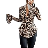 GORGLITTER Women's Leopard Cheetah Print Top Button Up Long Sleeve Sheer Chiffon Blouse Shirt