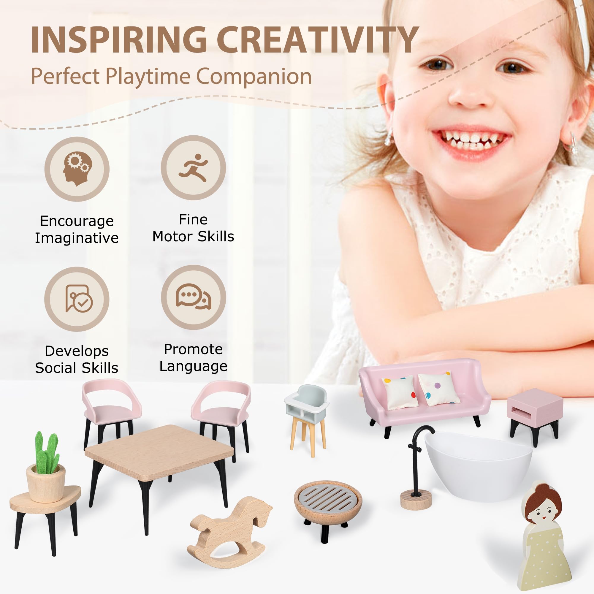 Pithfor Wooden Dollhouse Furniture Set, Dollhouse Accessories and Furniture, with 7 Rooms 3 Dolls, Includes Patio Set & Dog Set, Doll House Furniture Toys Gift for Kids Boys Girls