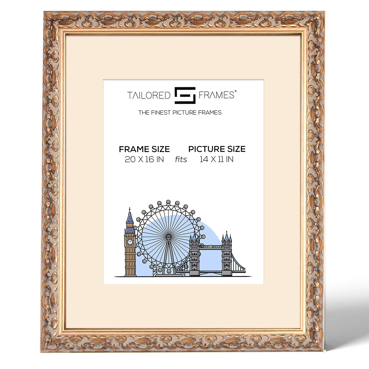 Tailored Frames Vienna Gold 20" x 16" Frame for 14" x 11" Picture | Rustic Style Vintage Single Picture Frame | Wall Hanging Type | Photo Frame with Antique White Mount