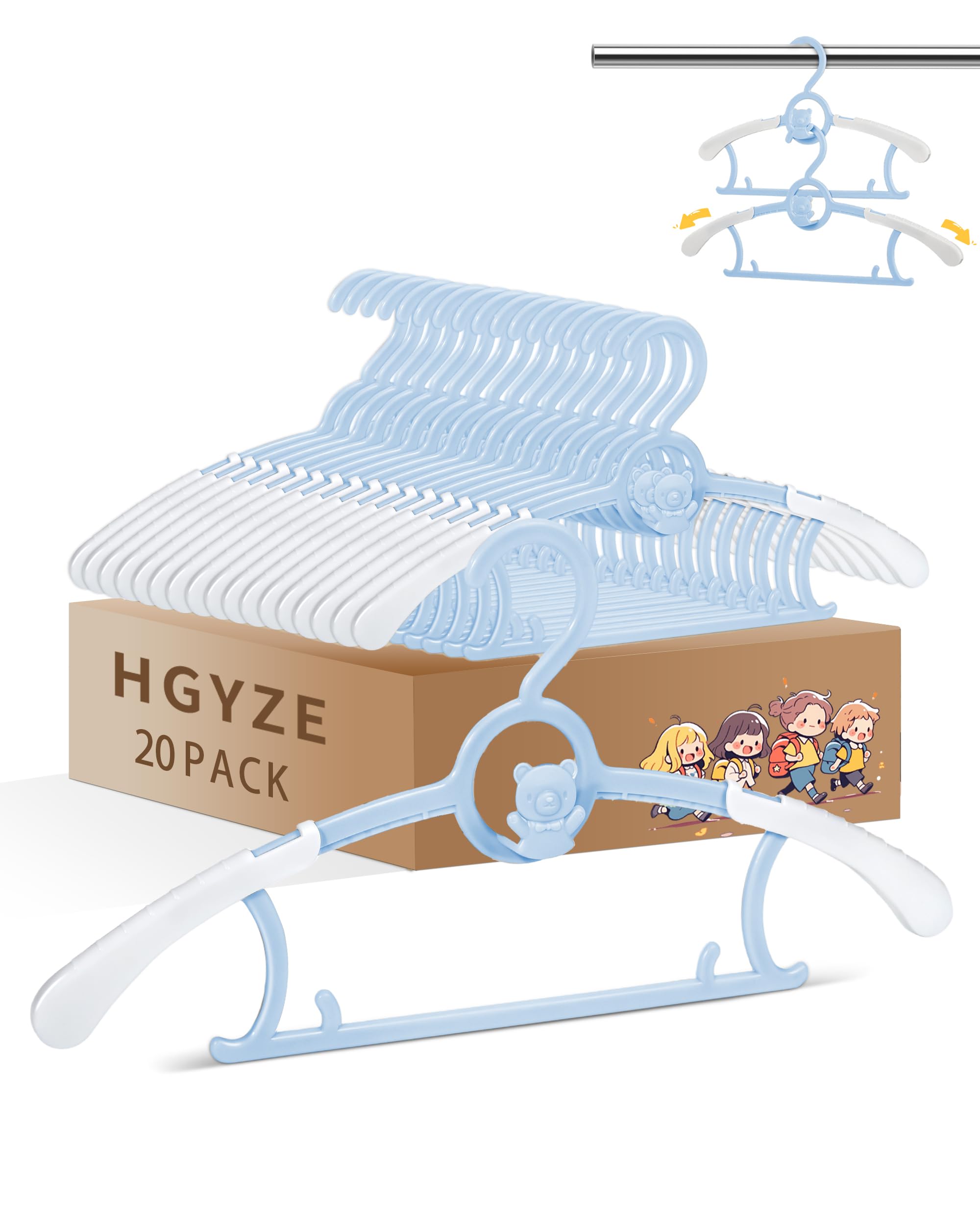 HGYZE Baby Hangers for Kids Clothes Closet, Adjustable Infant Baby Coat Hangers 0-12 Months, 20pcs Extendable Toddler Hanger for Children Boy, Non-Slip Nursery Hanger with Blue Bear
