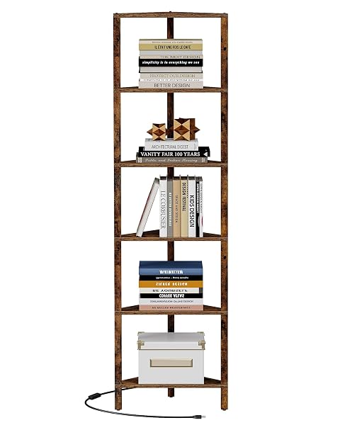 TUTOTAK CORNER SHELF WITH LED LIGHT, 6-TIER CORNER BOOKSHELF FOR SMALL SPACE, NARROW DISPLAY CORNER SHELF STAND WITH STORAGE RACK, FOR LIVING ROOM, BEDROOM, BROWN BS05BC006L