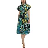 D-Sun Women Button Down Shirt Dress V-Neck Floral Printed Short Sleeves Mid Shirt Dress Belt A-Line Party with Pockets