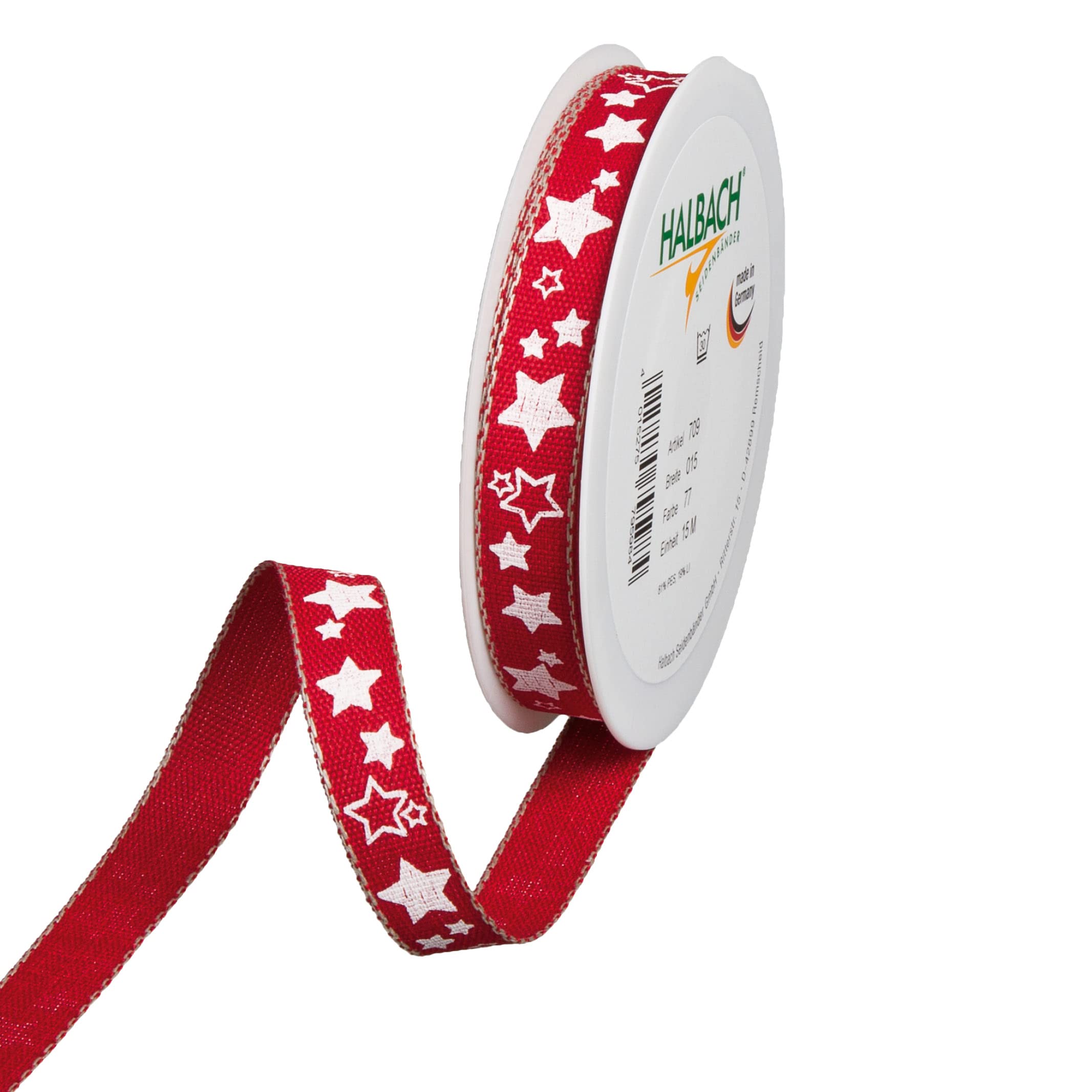 Halbach Seidenbänder Christmas Ribbon 15 mm x 15 m Gift Wrapping Ribbon with Stars Printed and Linen Edges Colour: Red/White