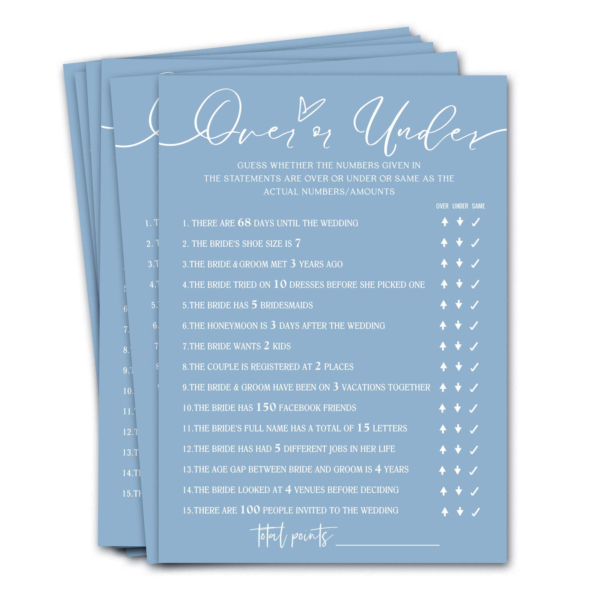 Wybgno Bridal Shower Games Cards, Guess Over or Under, 25 Guest Cards, Minimalist Blue Wedding Party Supplies