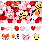 FYSUIMU Silicone Beads for Valentine's Day Red Pink Round Heart Shaped Animal Rubber Loose Focal Beads with Elastic Rope for DIY Crafts Pens Keychain Jewelry Bracelet Lanyard Making Kit, 100 Pcs