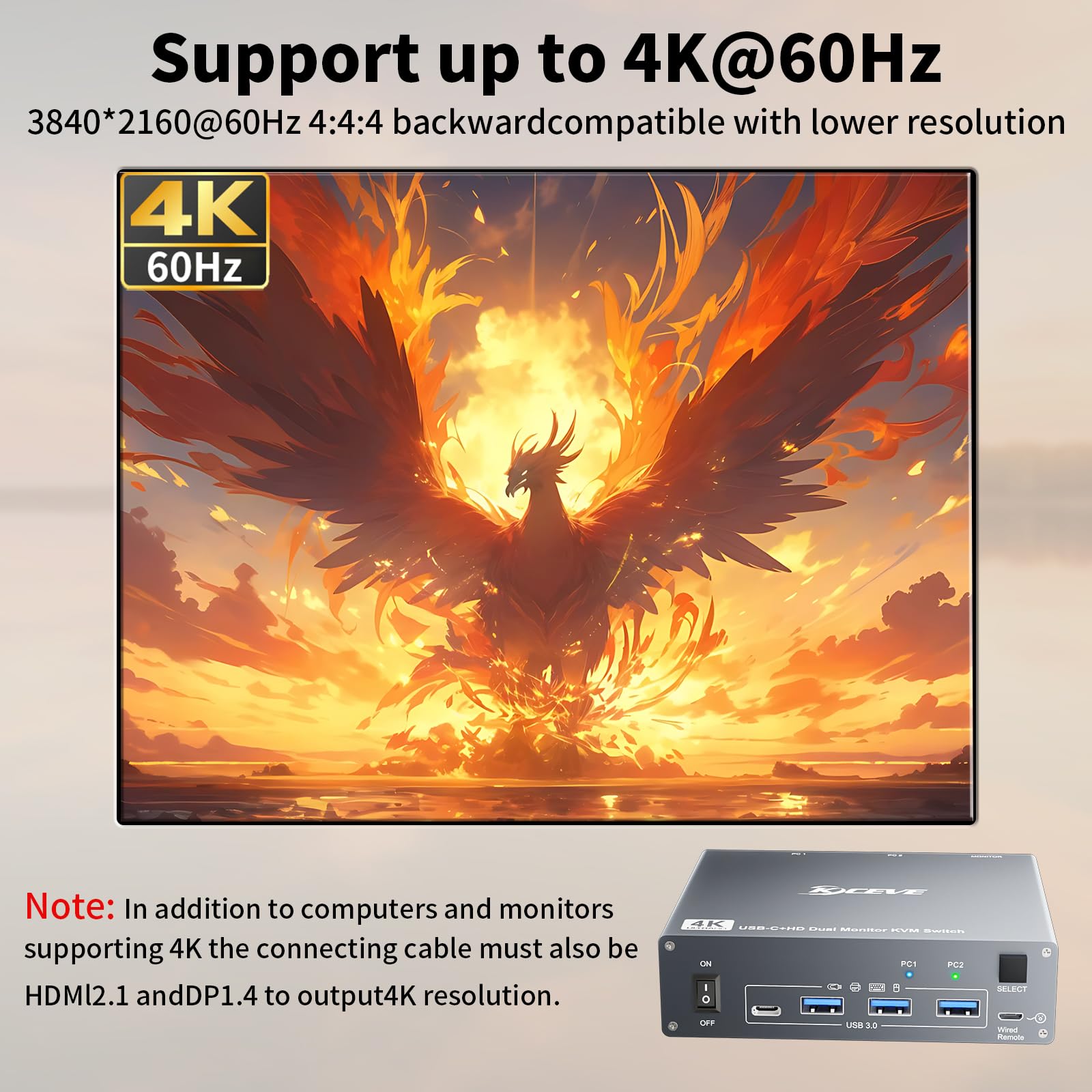 4K@60Hz USBC HDMI KVM Switch 2 PC 2 Monitore für 1 Laptop und 1 Desktop, Dual Monitor KVM Switch mit 4 USB 3.0 Ports, 73W PD Laden, mit Kabelfernbedienung, Netzadapter und USB-C Kabel 4