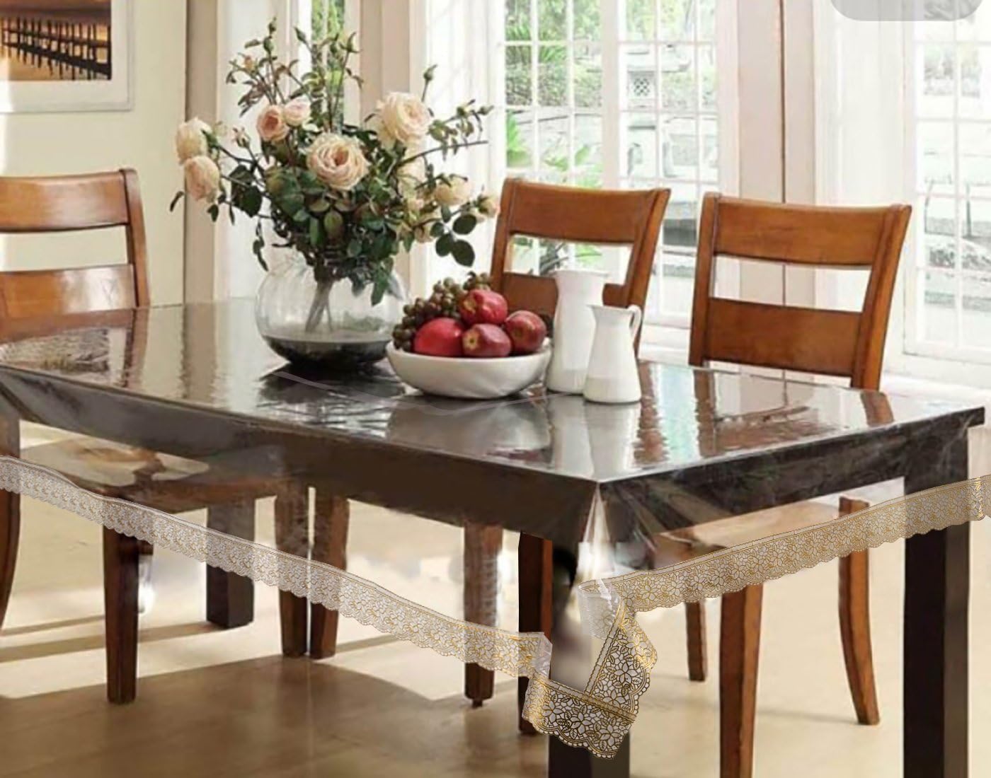 Galaxy Home Decor 6 Seater Table Cover Transparent Sheet with Silver Lace (Golden) (60x90 Inches, 30mm)