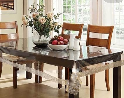 Just Wipe & Clean, No Ironing, Anti Clip, 100% Water & Oil proof Dining Table Cover Transparent 3D 6 Seater 60*90 Inches (Golden Lace)