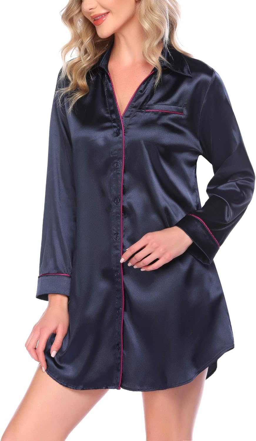 VOOMALL Women Nightgown Satin Nightshirt Button Sleep Shirt Dress Soft