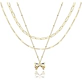 Poxtex Layered Gold Necklaces for Women, Stackable Dainty 14K Gold Silver Plated Trendy Simple Heart Diamond Cross Bow Circle Pendant Paperclip Choker Dot Chain Necklace,Jewelry Set Gifts for Women