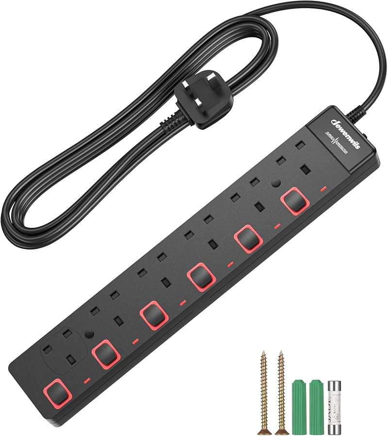 DEWENWILS 6 Way Surge Protected Extension Lead 3M 13A 6 Gang White