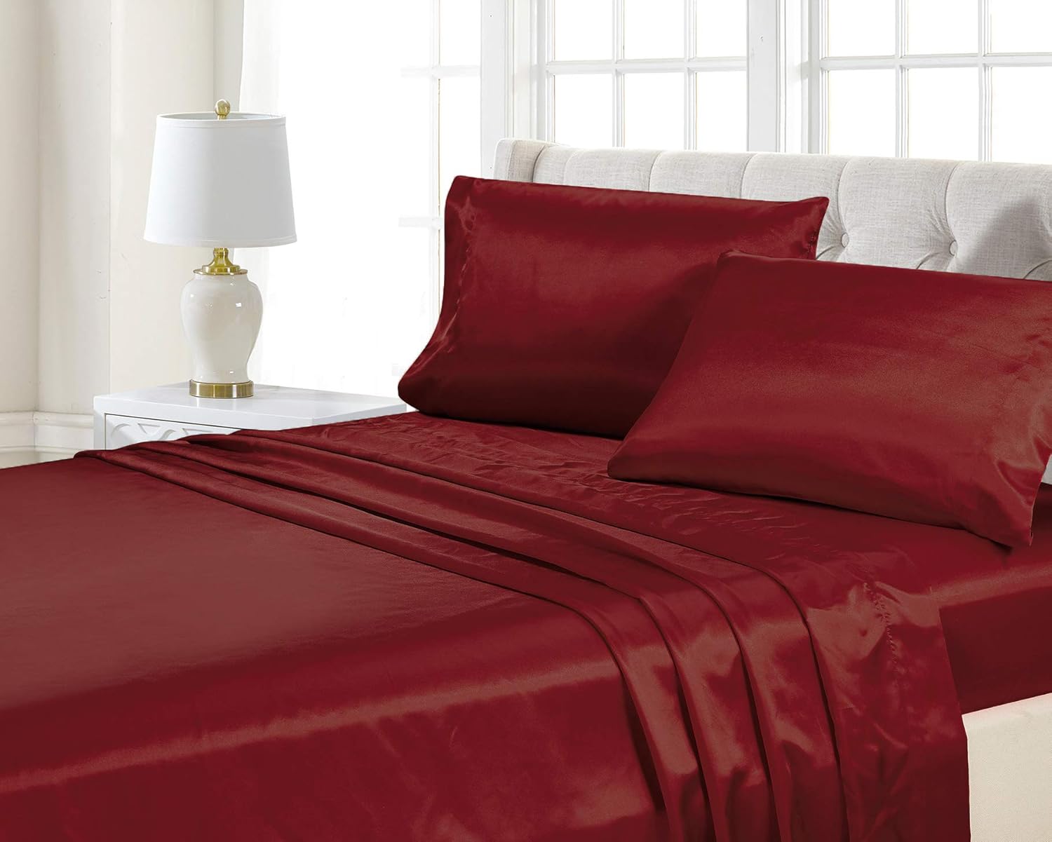Home Collection 4pc King Size Satin Sheet Set Solid Burgundy Super Soft Touch Bridal Cozy Adorable Deep Pocket New (Burgundy, King)