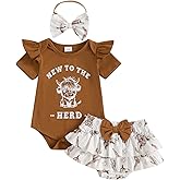 Western Newborn Baby Girl Clothes Cow Letter Print Short Sleeve Romper Ruffle Shorts Set Headband 3Pcs Summer Outfit