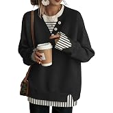 SAUKOLE Women's 2026 Fall Oversized Knit Pullover Sweater Outfit Tops | 2 in 1 Fake Layer Crew Neck Long Sleeve Button Knitted Daily Soft Slouchy Dressy Casual Wear for Business Office Work Daily
