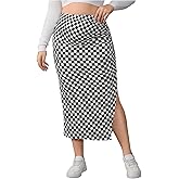 WDIRARA Women's Plus Size Checkered Split Thigh Midi Skirt Ruched High Waisted Bodycon Skirts