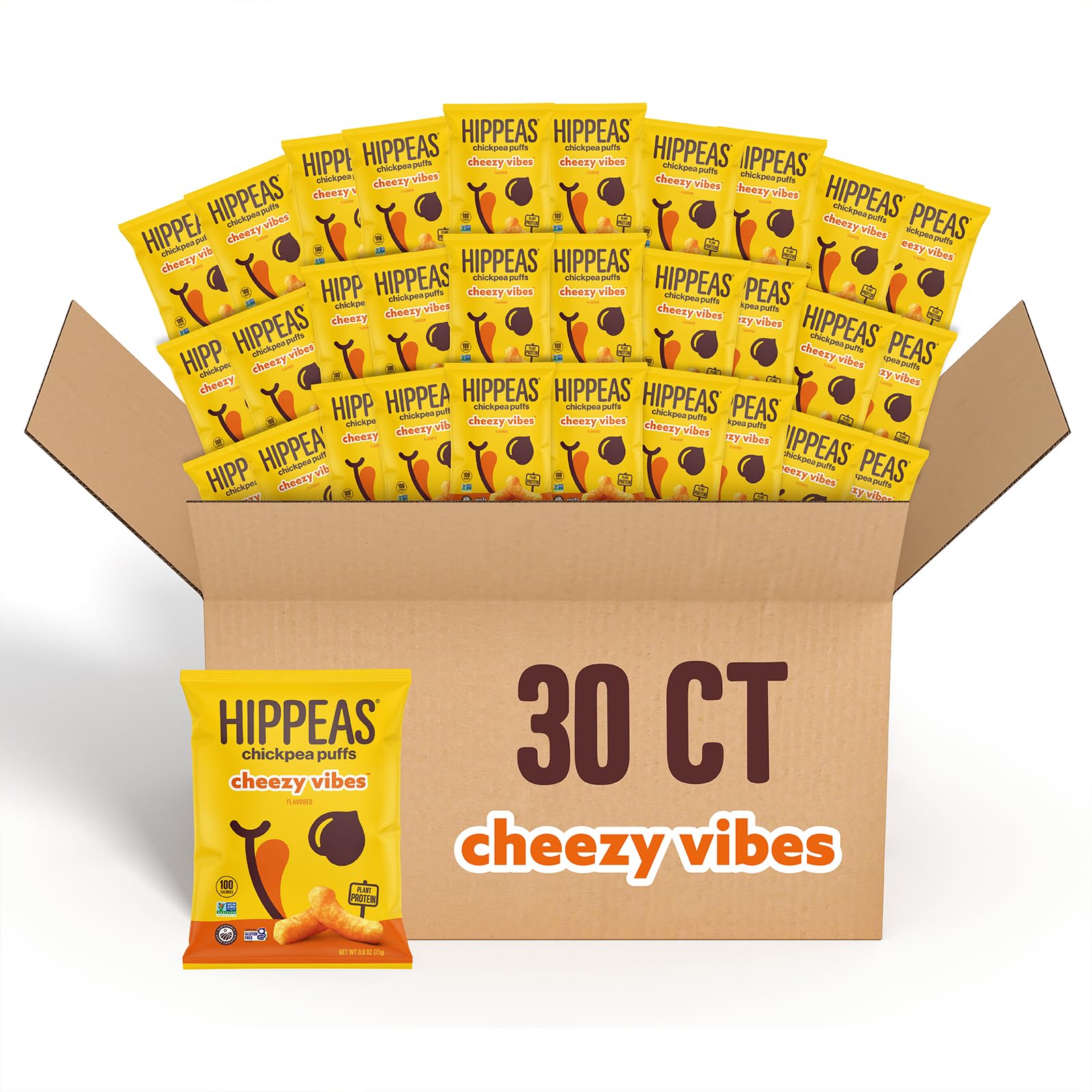 Photo 1 of Hippeas Chickpea Puffs, Cheezy Vibes, 0.8 Ounce (Pack of 30), 3g Protein, 2g Fiber, Vegan, Gluten-Free, Crunchy, Plant Protein Snacks EXP 1/25/26
