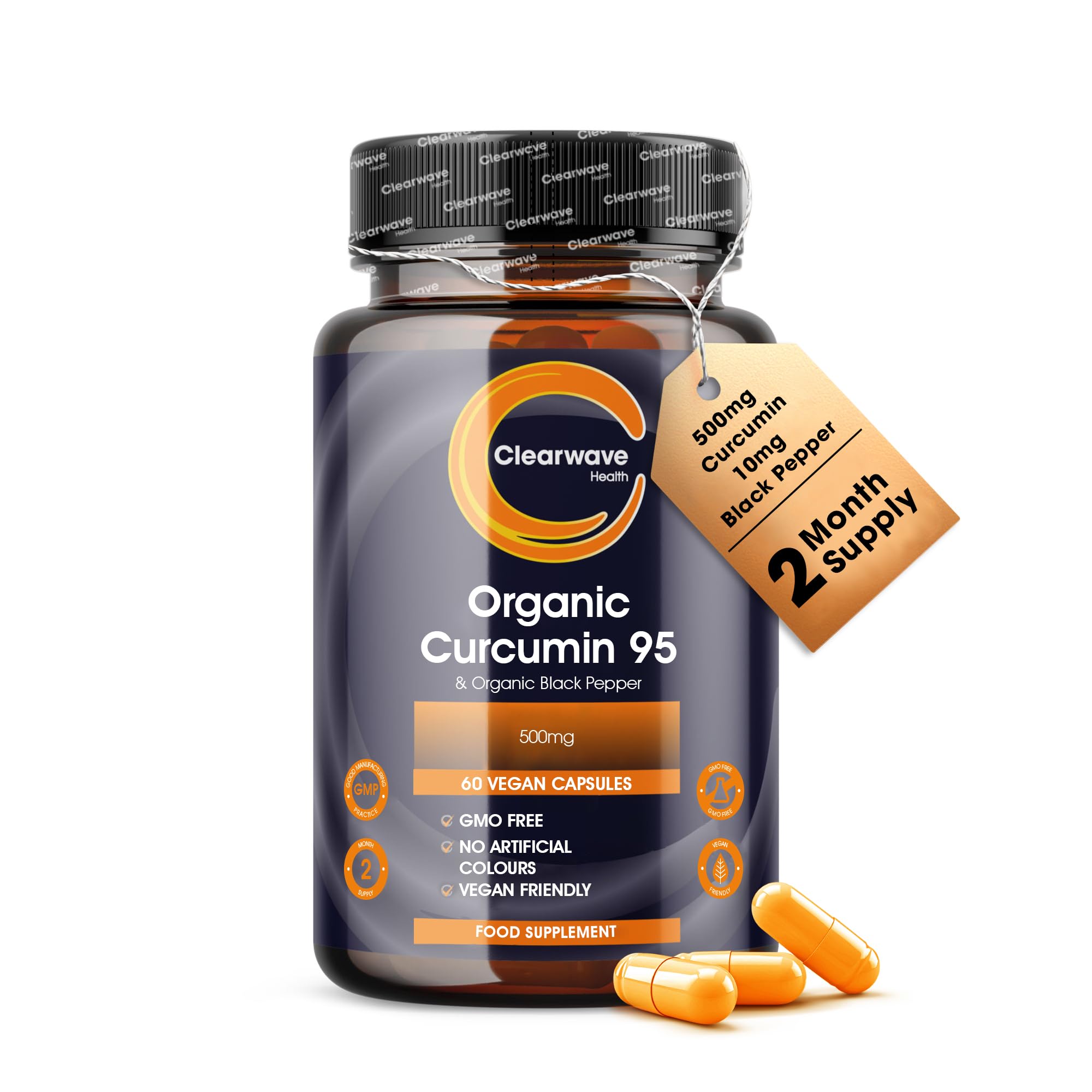 Curcumin 95 | Organic | Curcumin Capsules high Strength with Black Pepper | 500mg 95% Curcuminoids & 10mg Organic Black Pepper | 60 Capsules 2 Month Supply | By Clearwave Health
