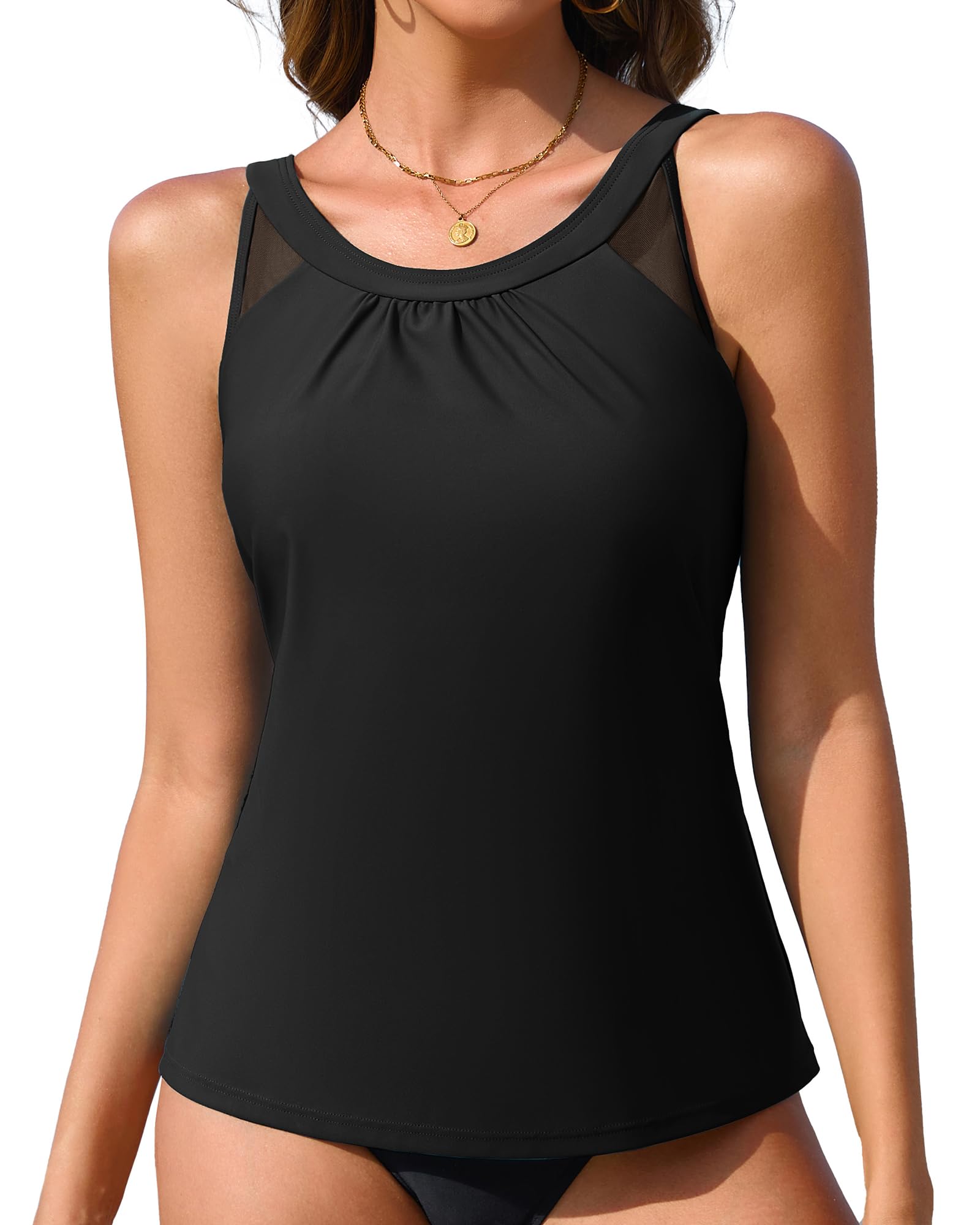 Photo 1 of ANFILIA Swim Tops Women Top Only Tummy Control Tankini Top No Bottom Modest Swimwear Black