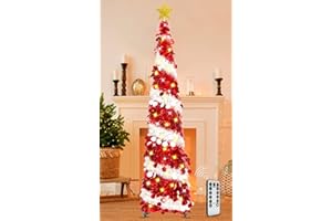 HISFFOG 5FT Pop Up Christmas Tree with 8 Rmote Lights Modes - Dual Color Sequin Tinsel Christmas Tree, Collapsible Artificial Pencil Christmas Trees Decorations for Home, Apartment, Office, Party