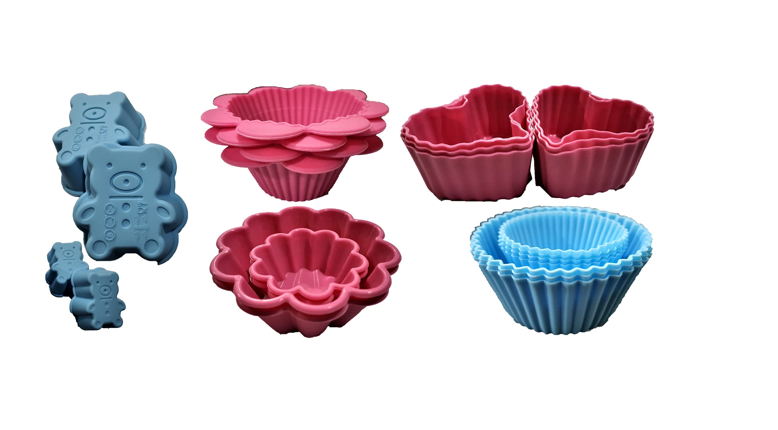24 Pcs Aon Reusable Silicone Cake Baking Mould for Cup-Cake Muffin Pudding Dessert in Heart Flower Bear Scallop-Pressed & Buttercup 4 Birthday Xmas Wedding